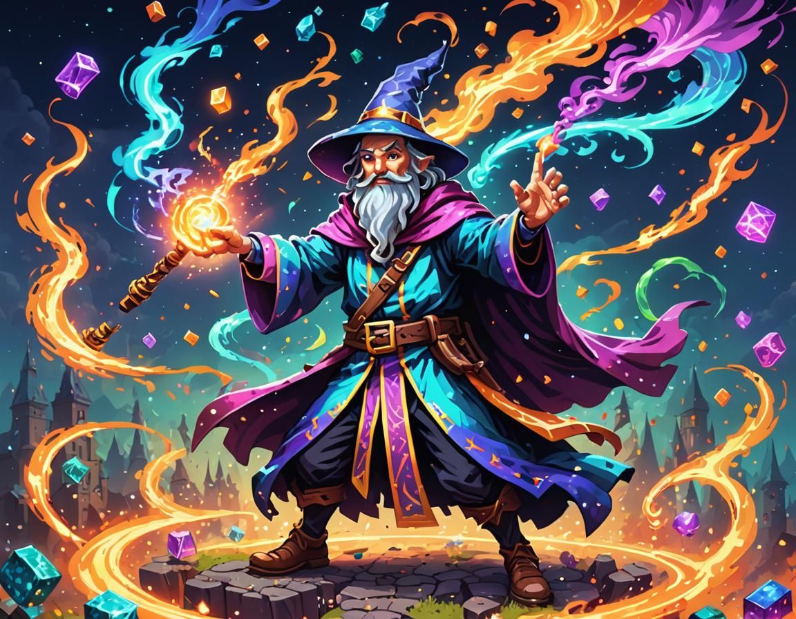 Pixel Art Wizard Casting a Magical Spell