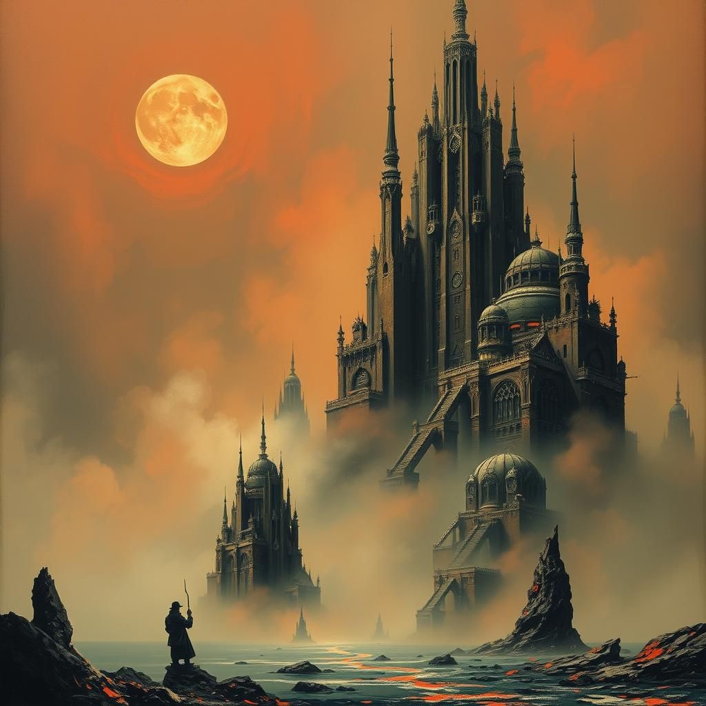 Dystopian Island Art Deco Surrealism in Heavy Metal Style
