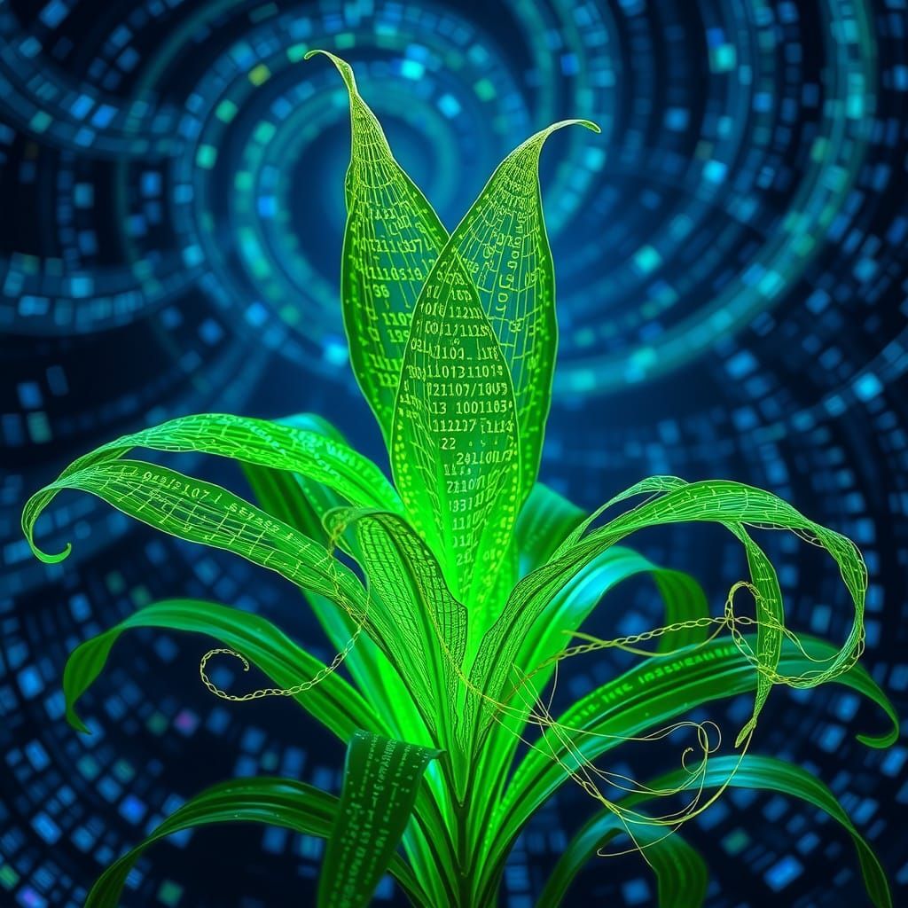 Neon Dreamscape: Cybernetic Plant Blooms with Code