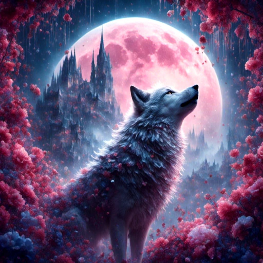 Ethereal Wolf Howling at Moon in Hyperreal Style
