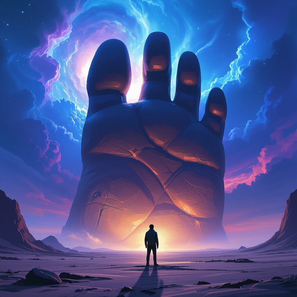 Man Awestruck by Colossal Footprint on Alien World