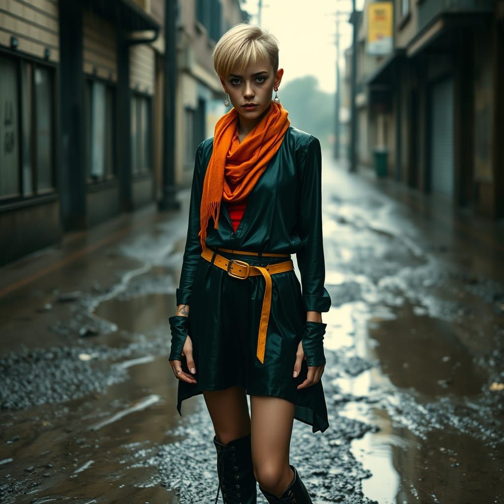 Rebellious Teen in Dystopian Street Scene