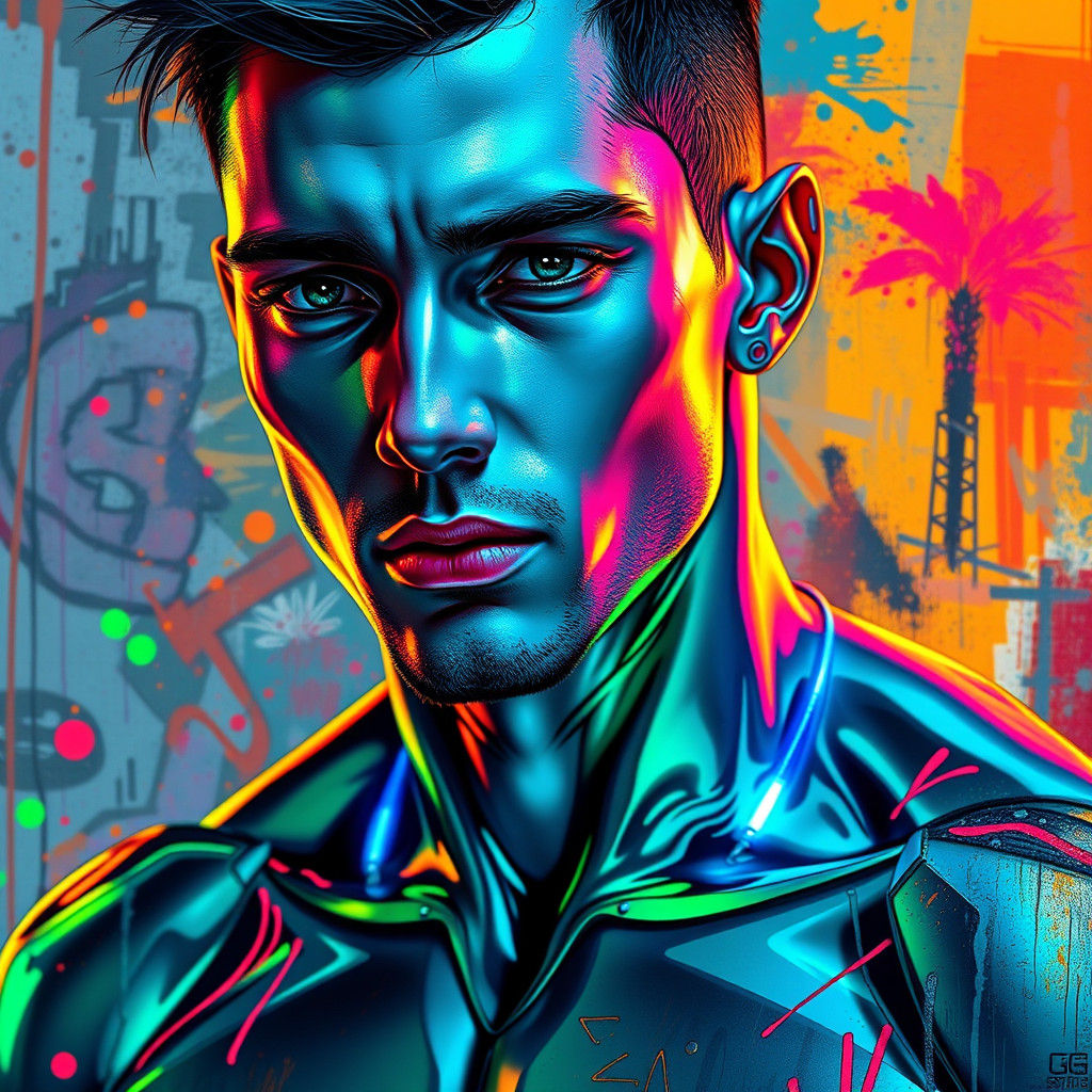 Handsome Cyberpunk Man with Neon Implants