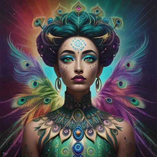 Beautiful Woman with Peacock Feathers, Surreal Digital Art