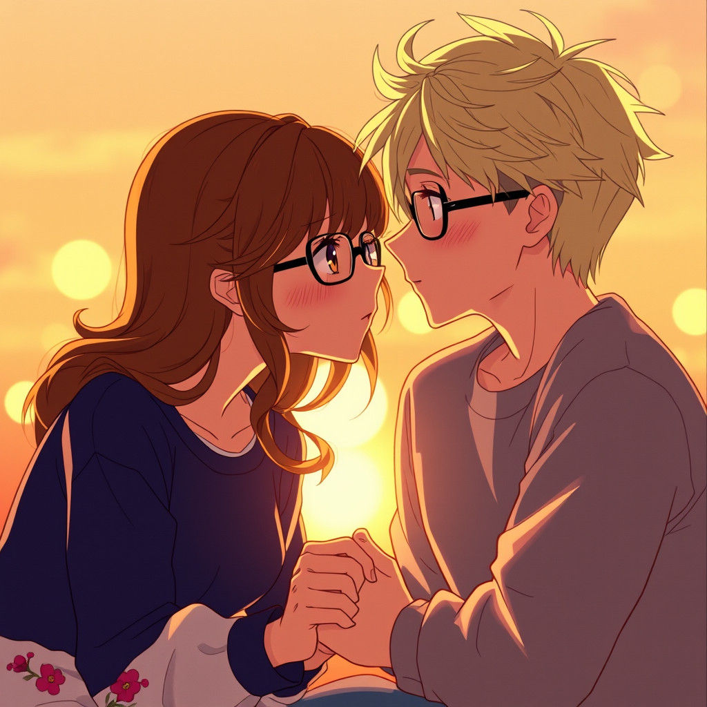 Anime Lovers Share Tender Moment at Sunset