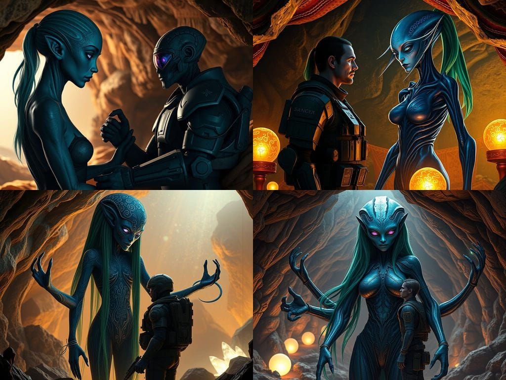 Glowing Alien Goddess Meets Human Soldier in Homely Cave