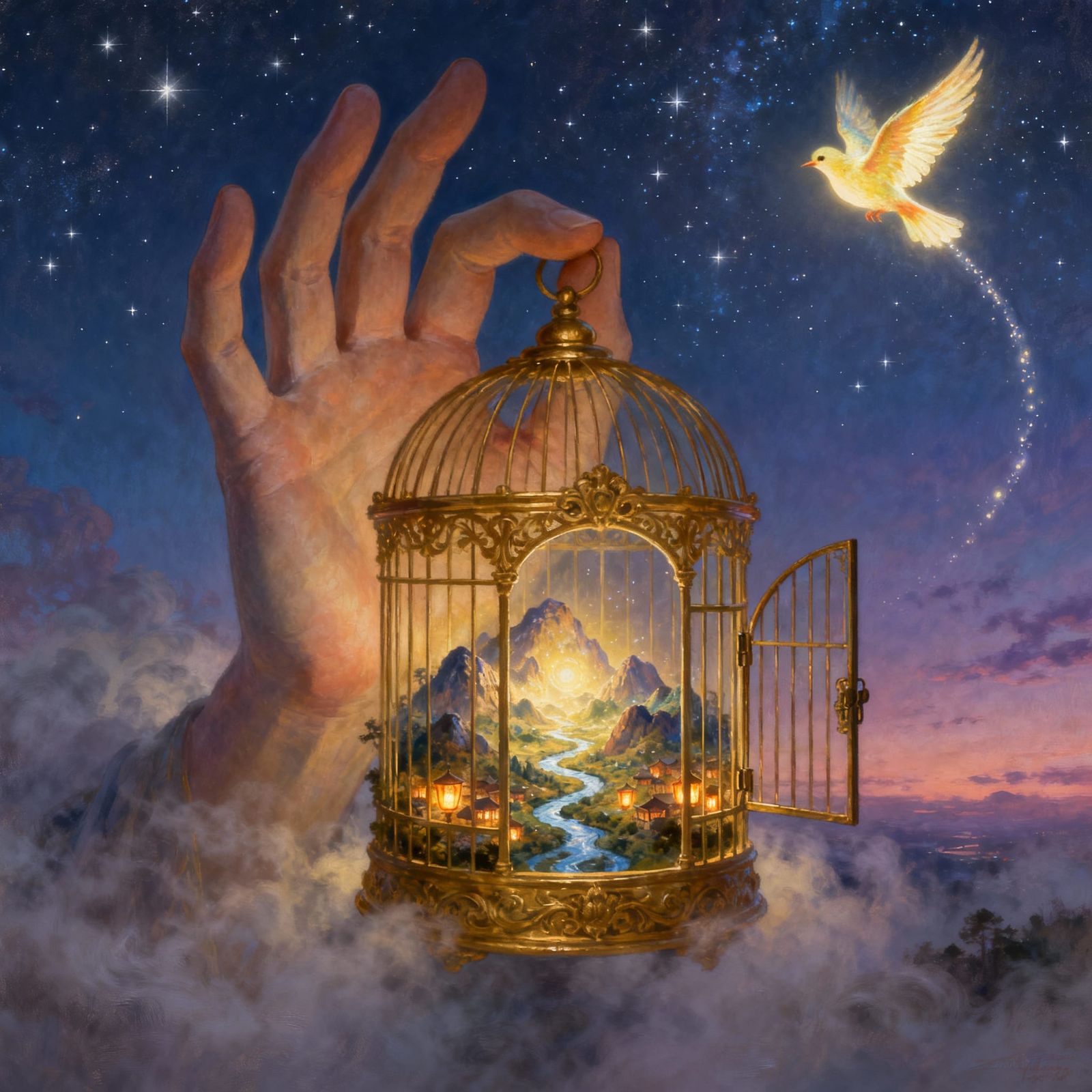 Ethereal Hand Releases Bird from Golden Cage