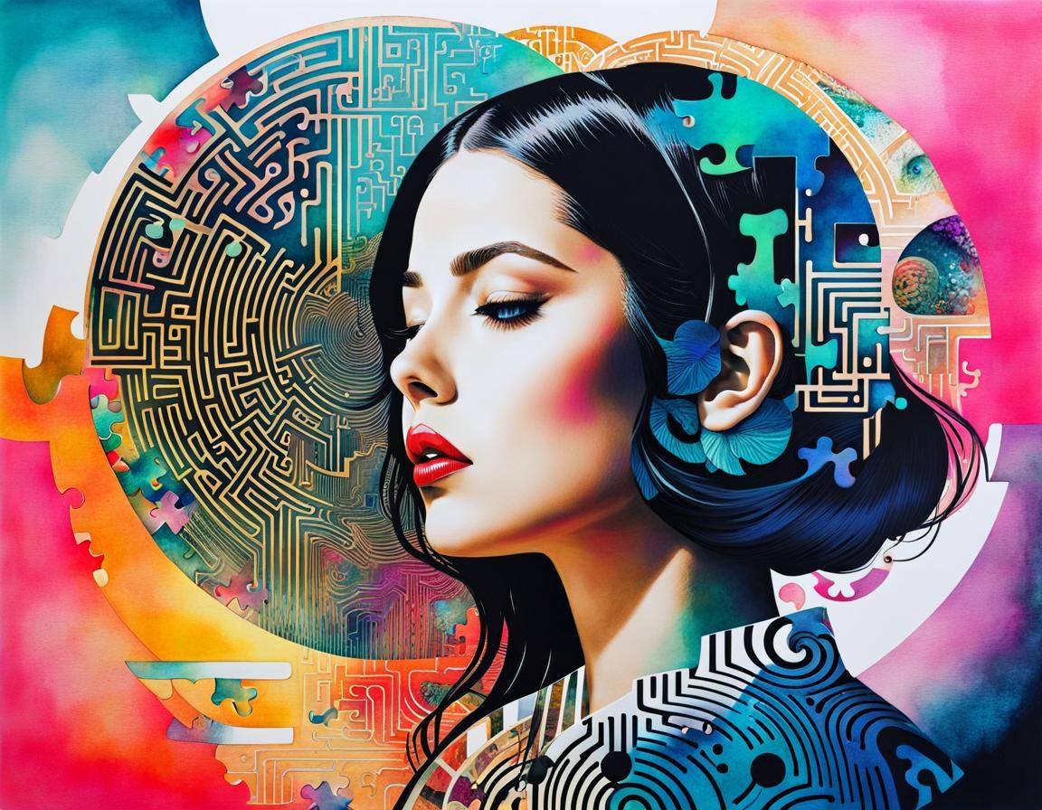 Double Exposure Collage Art: Girl in Maze of Thoughts