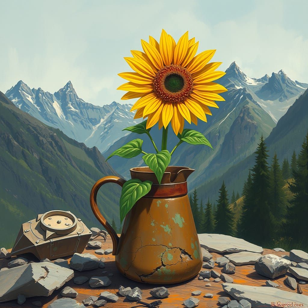 Sunflower Emerging from Coffee Pot, Fine Art