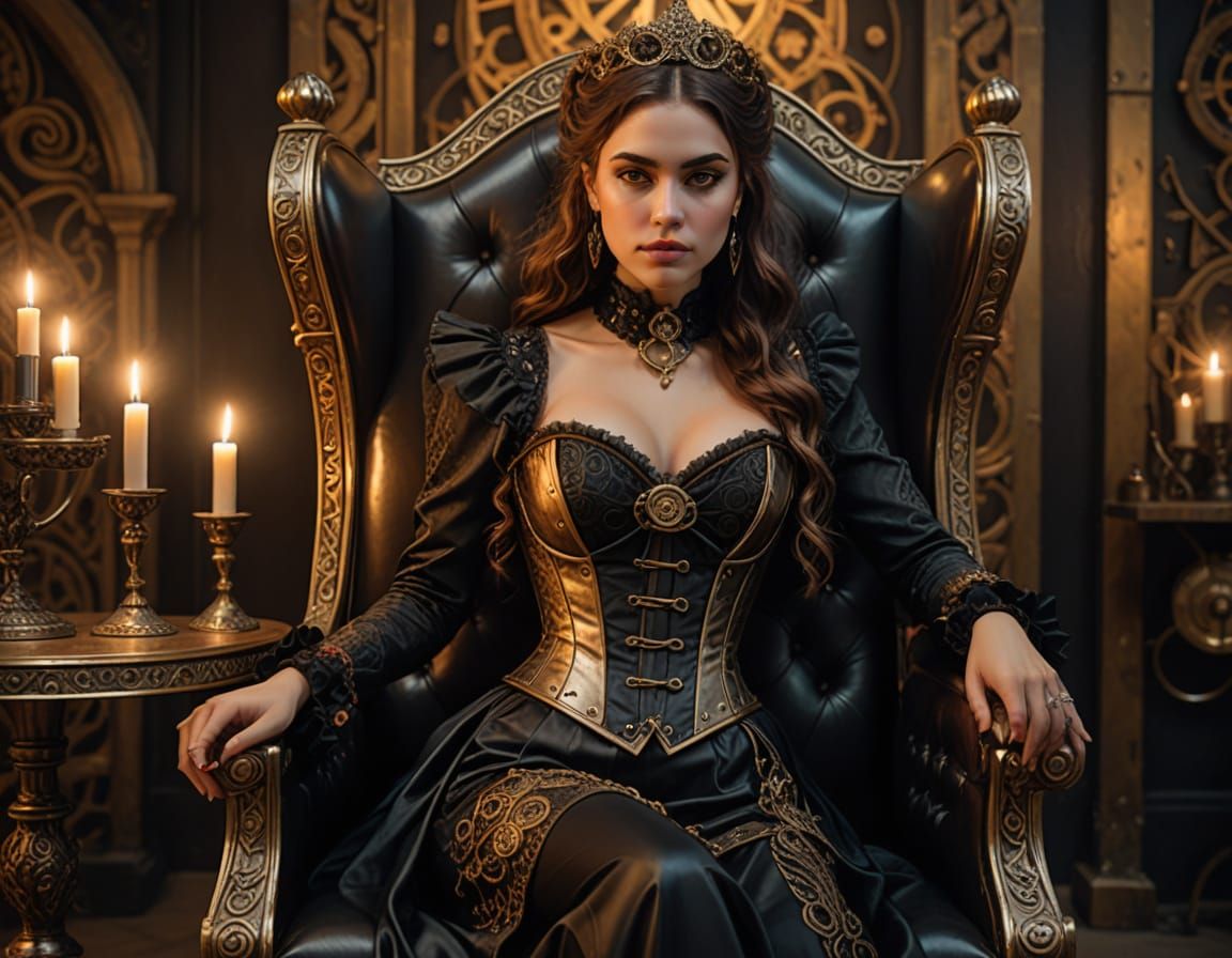 Steampunk Gothic Woman on Throne, Hyperrealistic Digital Art