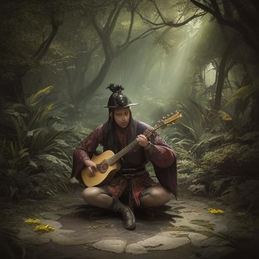 Samurai Lute Player in Alien Forest: Hyperrealistic Splash A...