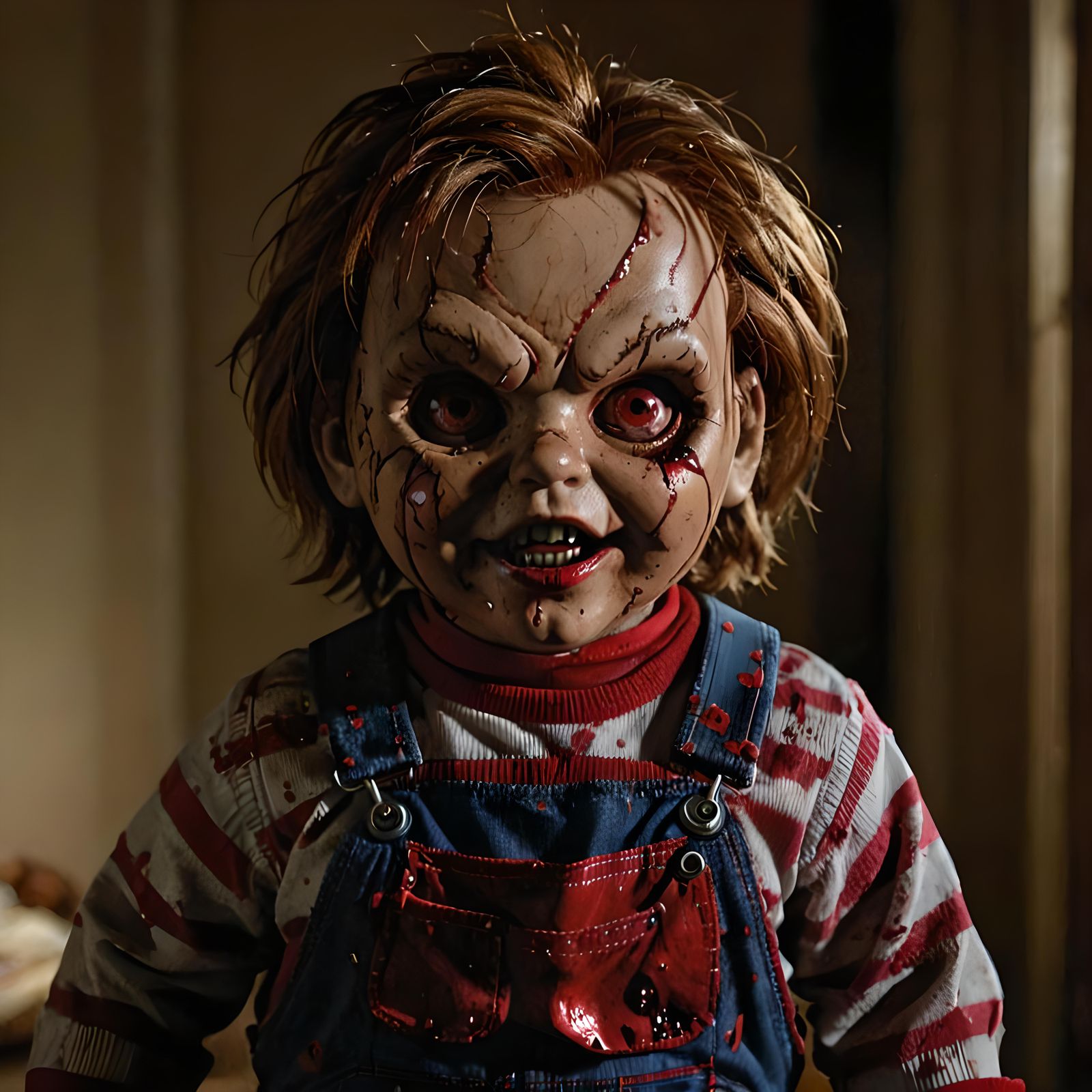 Scary Demented Chucky Doll with Blood
