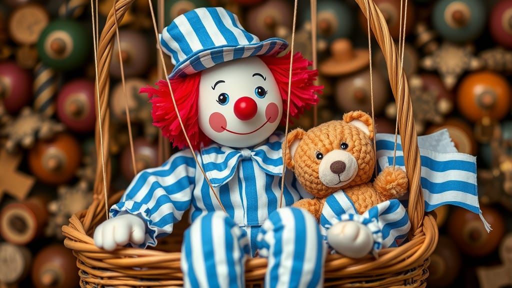 Andy Pandy Marionette dressed in Blue and White  Striped Clown Suit and a hat in same material. He lives in a Picnic bas...