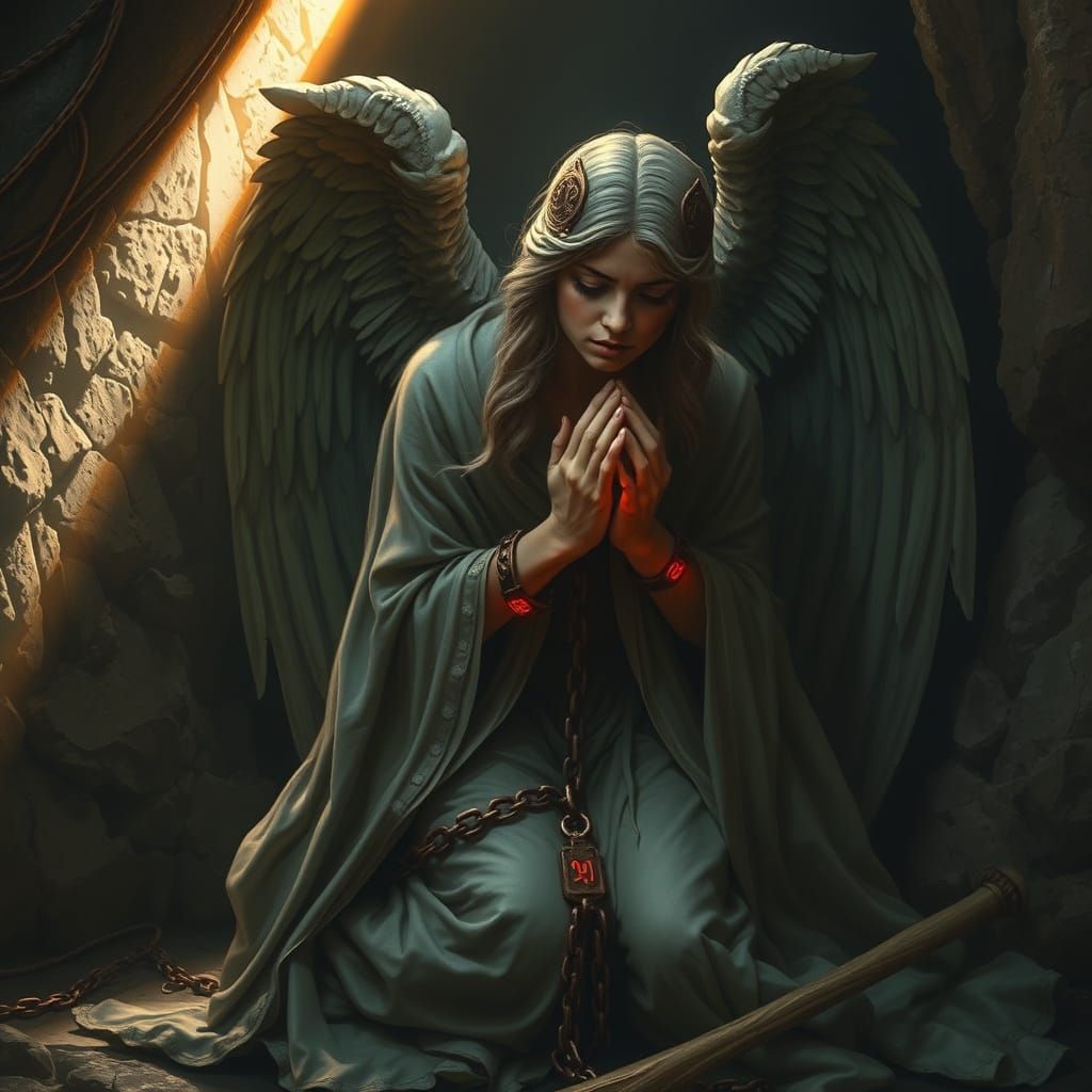 Tortured Angel in Dark Cavern