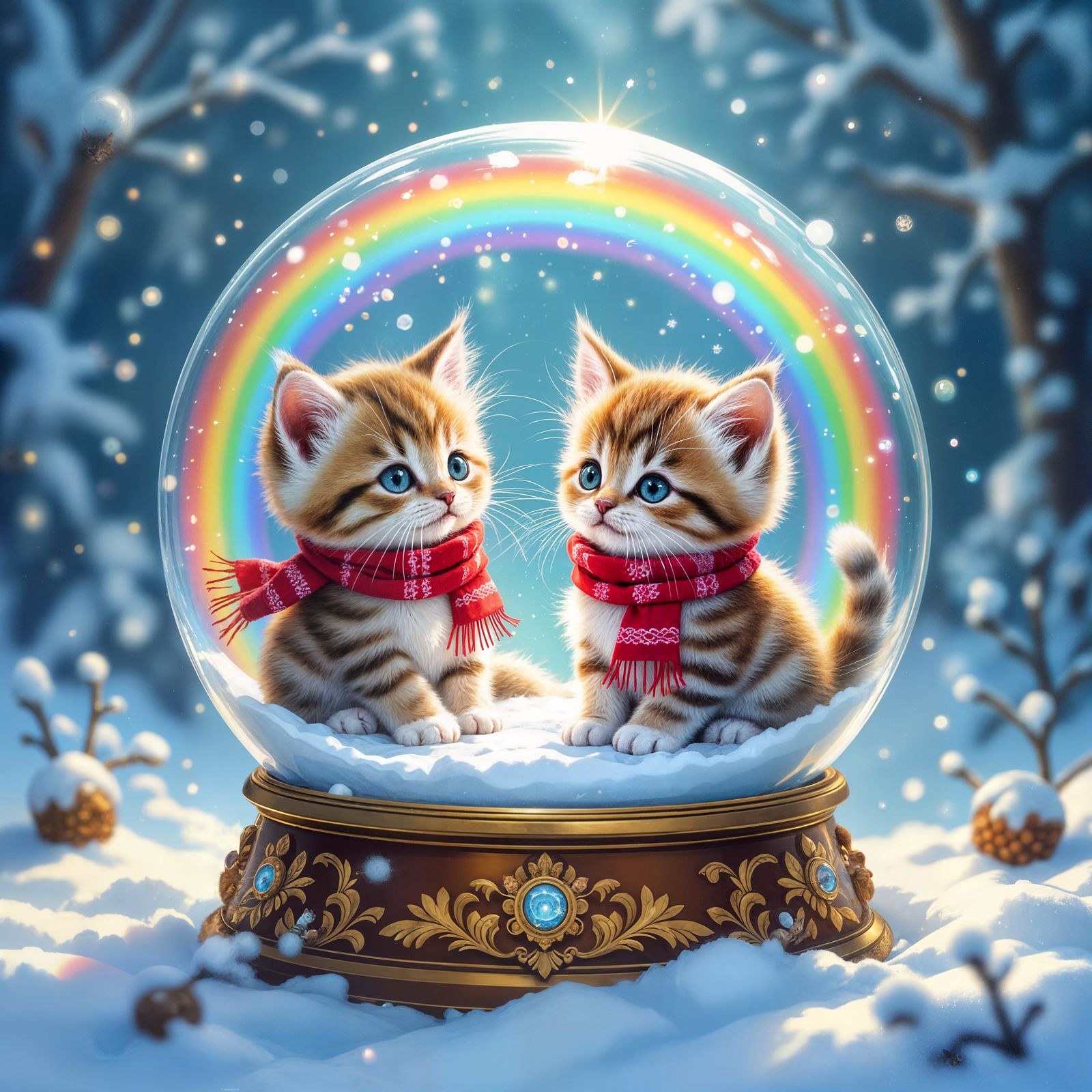 Kittens Playing in Rainbow Snow Globe, Whimsical Art