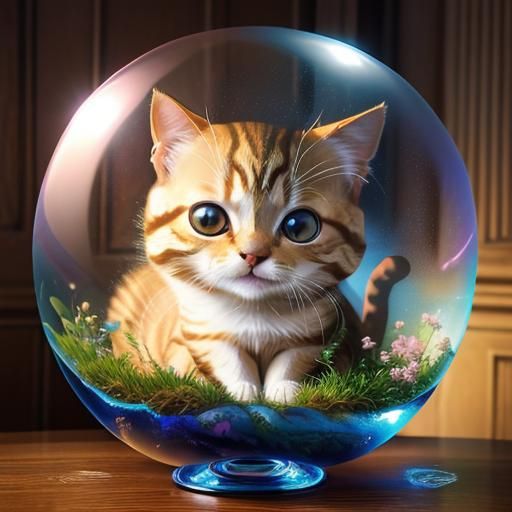 Chibi Cat in Bubble, Dreamlike Digital Art