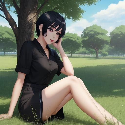 Anime Style Woman Sitting in Grass
