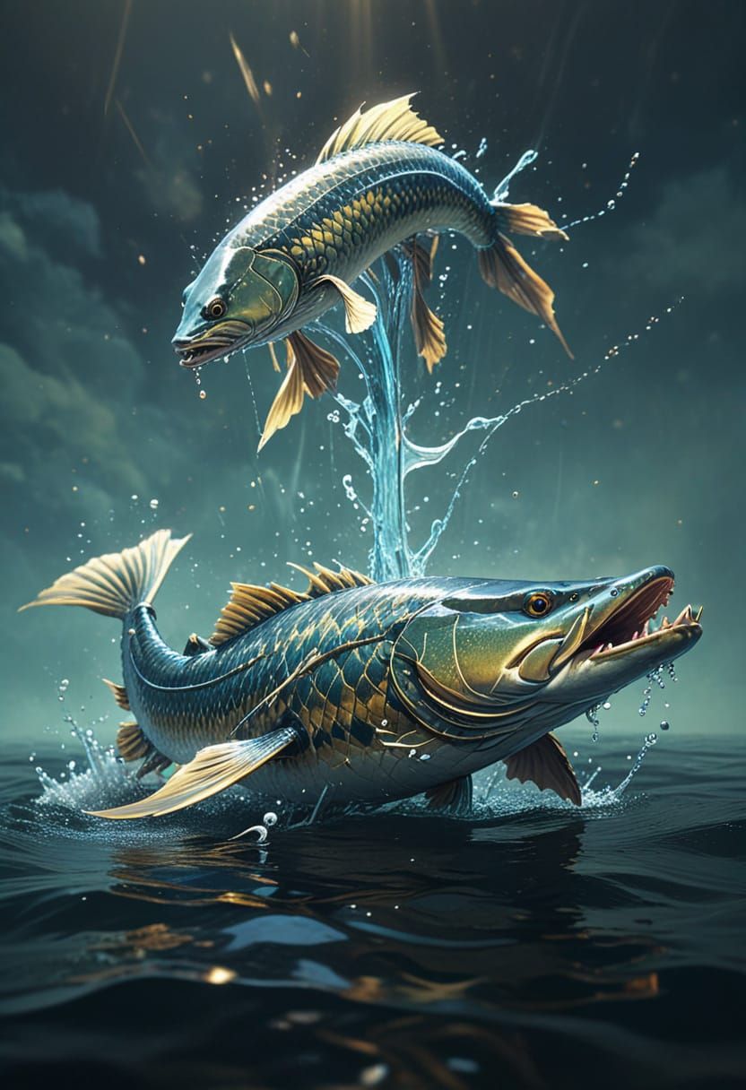 Manga-Style Gar Fish Leaps from Water with Lure