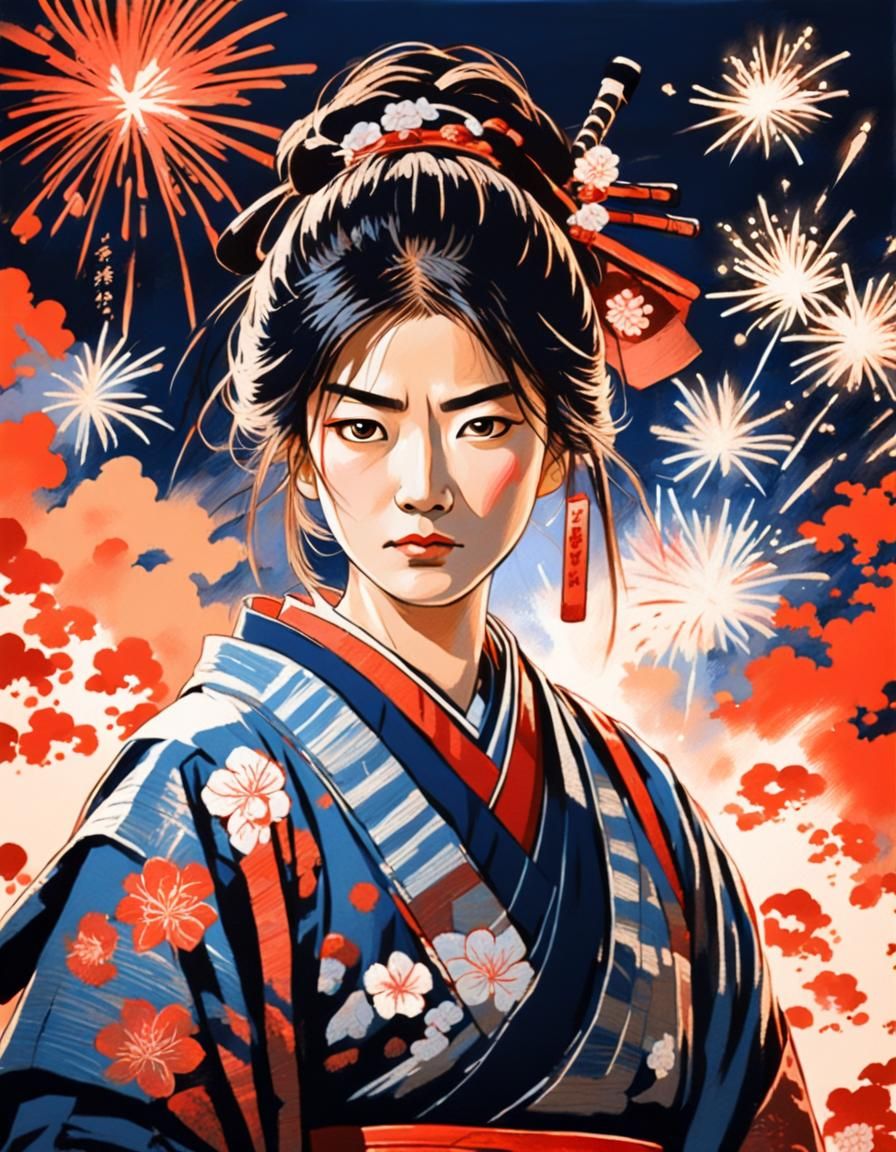 Ukiyo-e Portrait of female Samurai at Oniyo Fire Festival