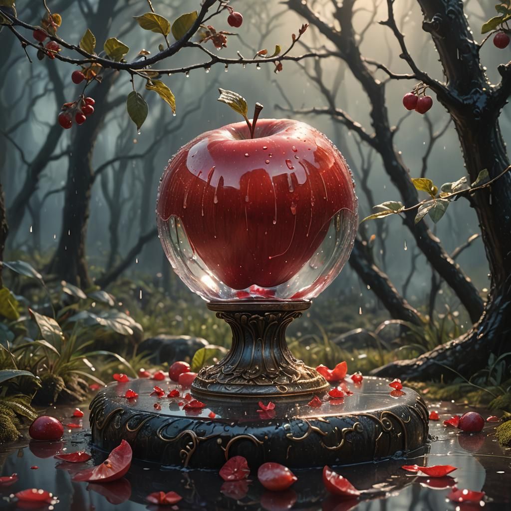 Red Apple on Glass Pedestal in Misty Forest