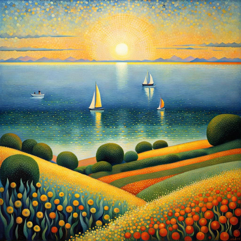 Solitary Ship at Sea in Pointillist Style