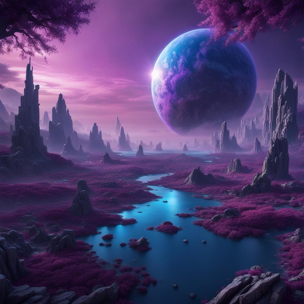 Fantastical Blue and Purple Planet Concept Art