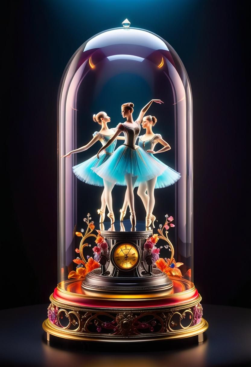 Automaton Ballet Dancers in Glass Dome: Oil Painting