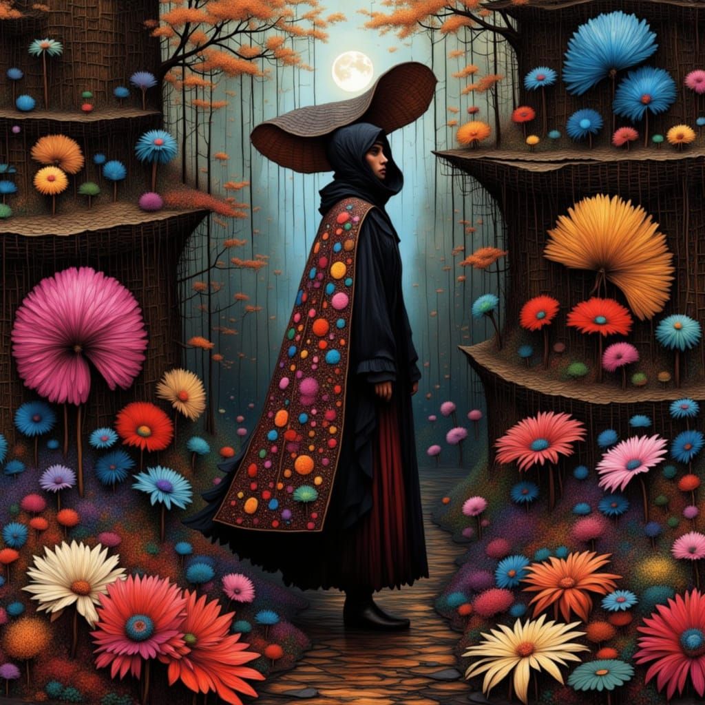 <lora:SOS STACKED STILTS:1.0> female lonely wanderer, brocad...