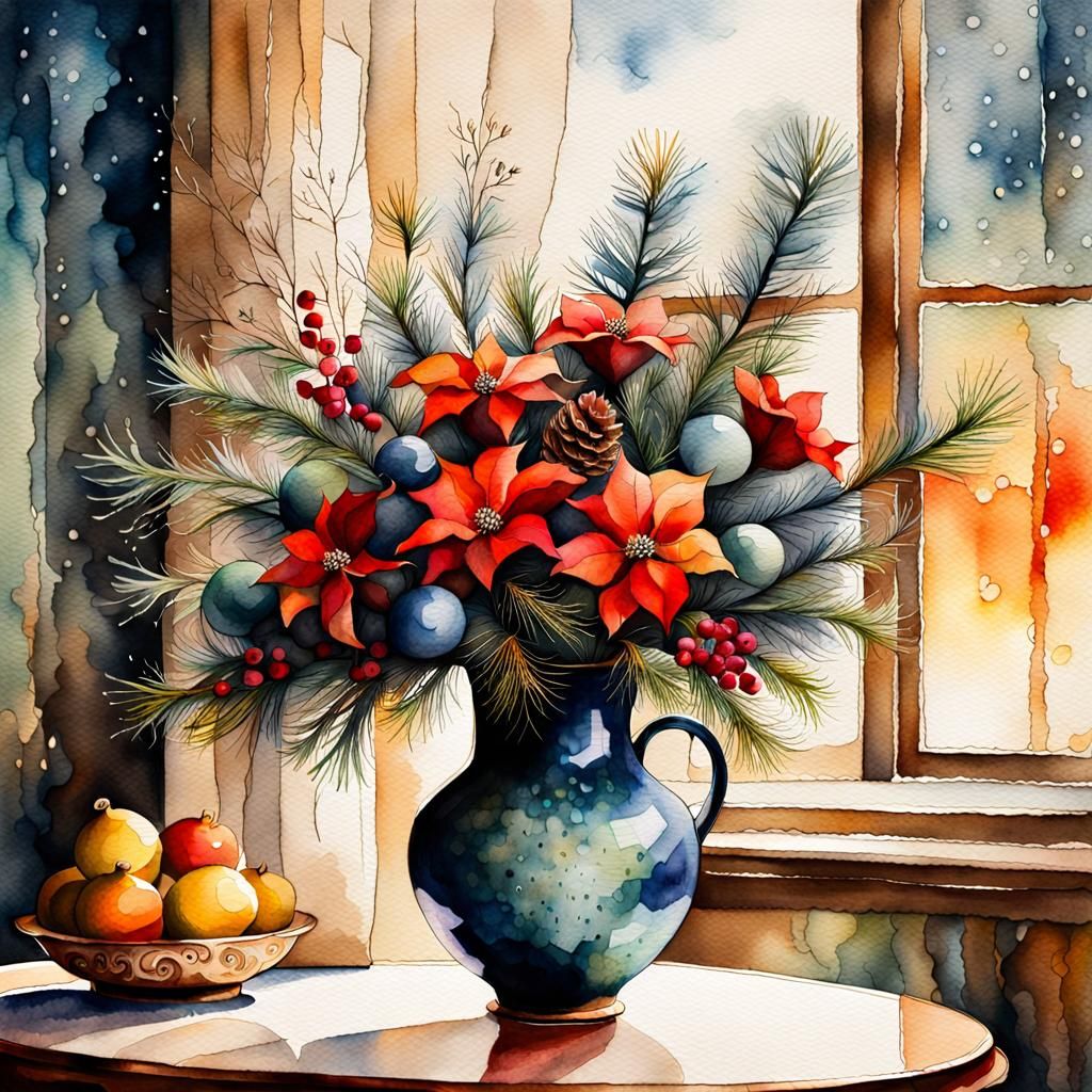 Elegant Christmas Bouquet Watercolor Still Life