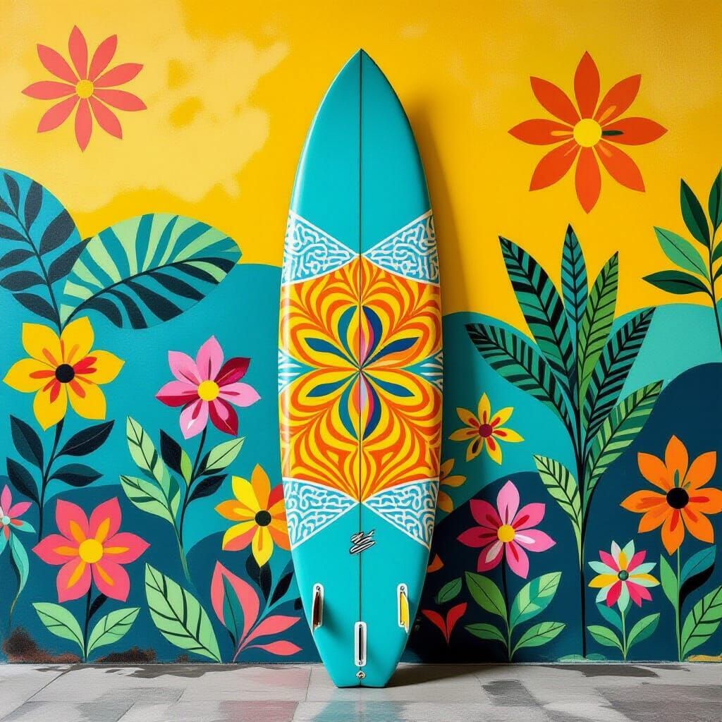 Vibrant Surfboard with Jamaican-Inspired Pop Art