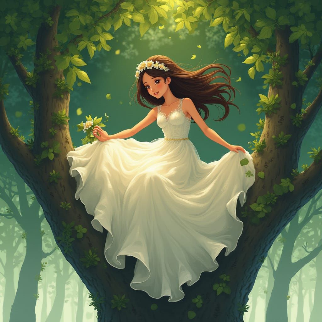 Girl in Tree Wearing Wedding Dress in Whimsical Style