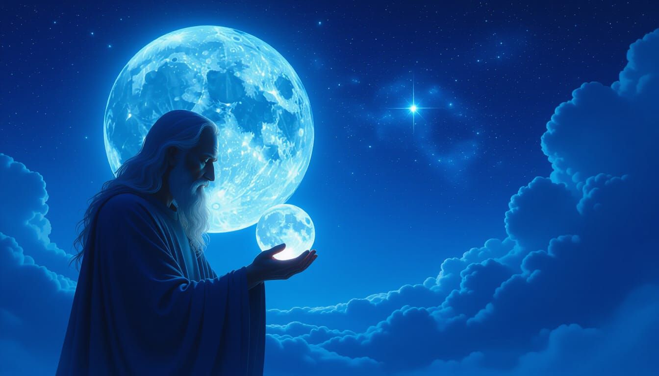 Ethereal Man Holds Glowing Moon Under Blue Moon Sky