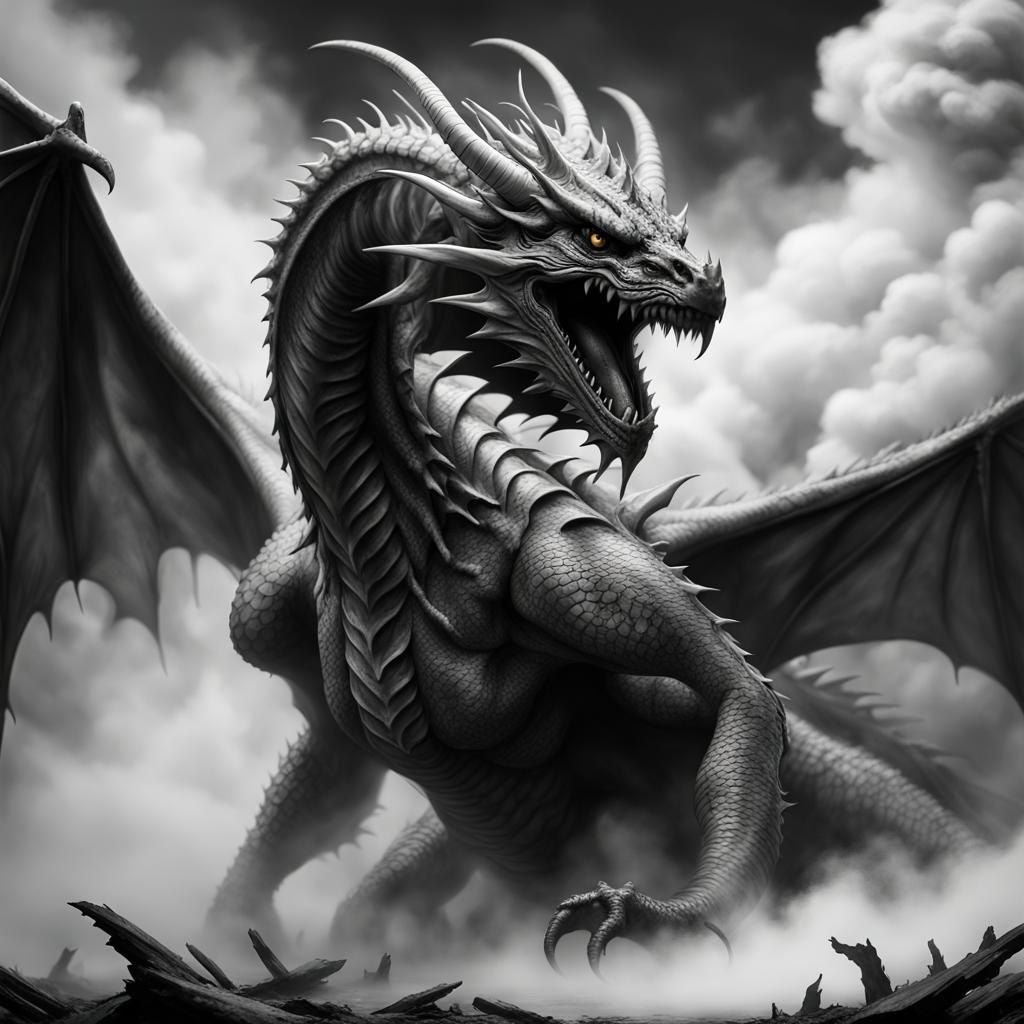 Monstrous Grey Smoke Dragon in Dark Fantasy Style