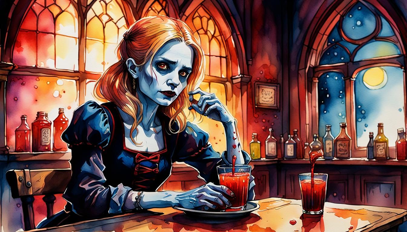 Buffy in Gothic Tavern: Ink and Watercolor Illustration