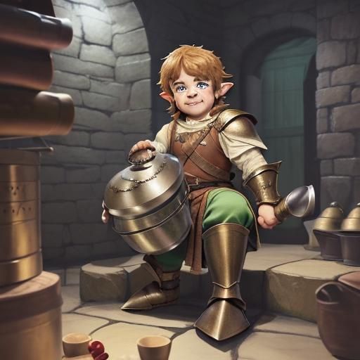Halfling Fighter in Dungeon with Cookware