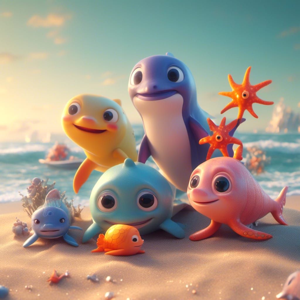 Adorable Sea Animal Family on Beach: Pixar-Style 3D Art