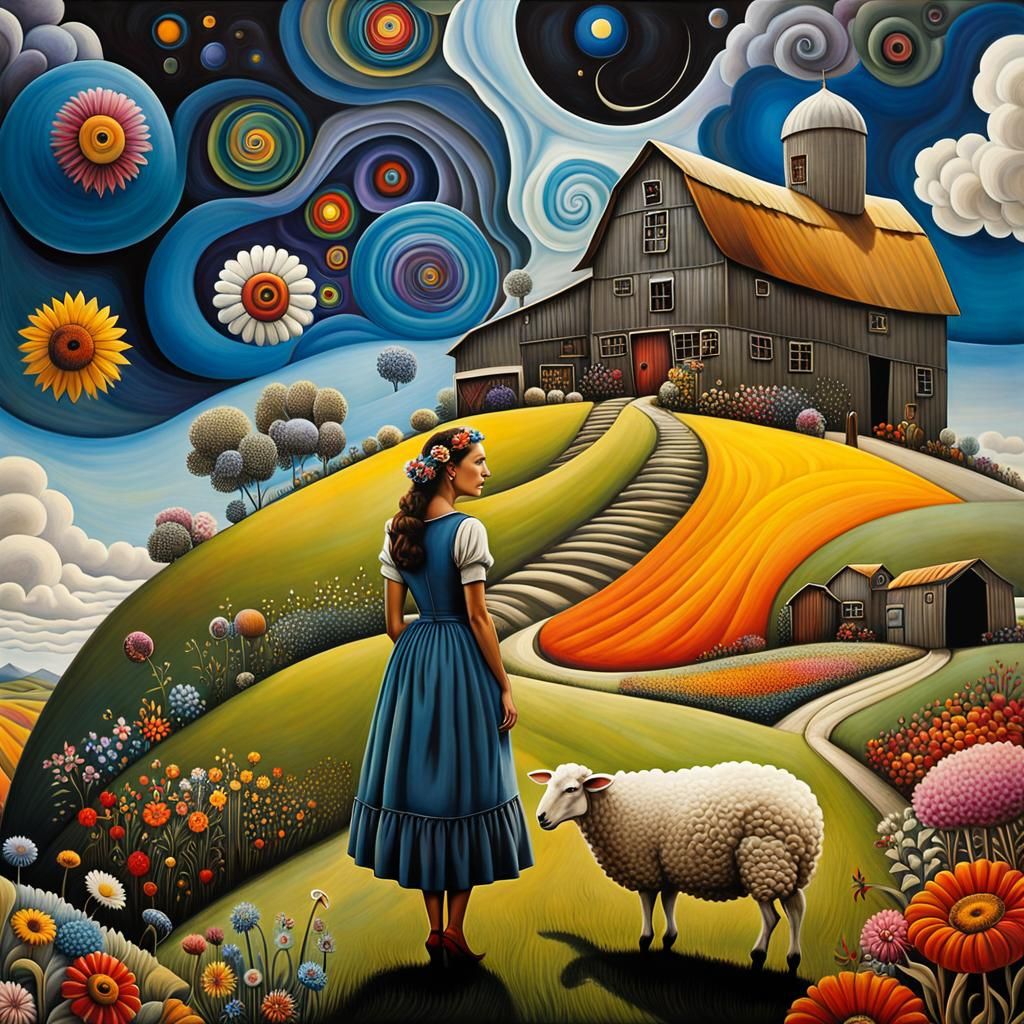 Surreal Enchanted Farm with Mother Earth Figure