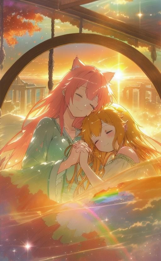 Anime Cat Girls: Rainbow Embrace at Sunrise