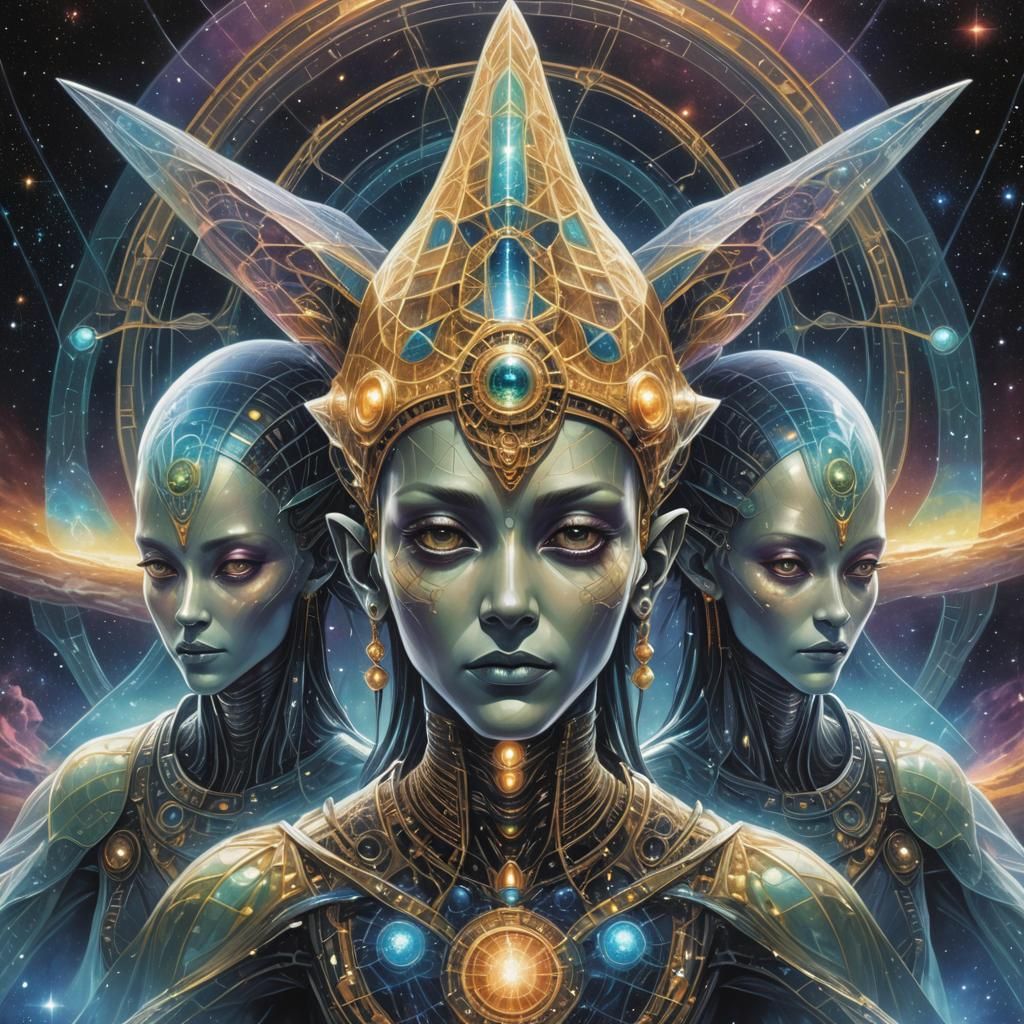 Three-Headed Alien with Crystal Hats