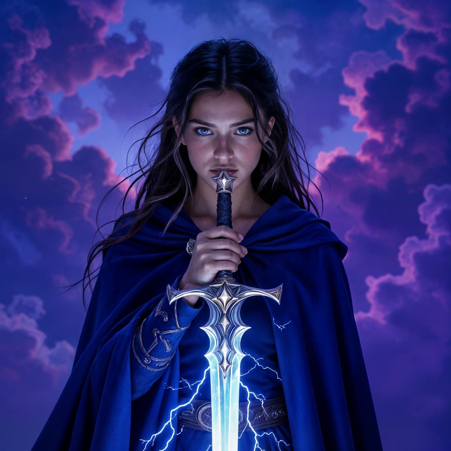 Dark Fantasy Woman With Magical Sword in Watercolor Storm