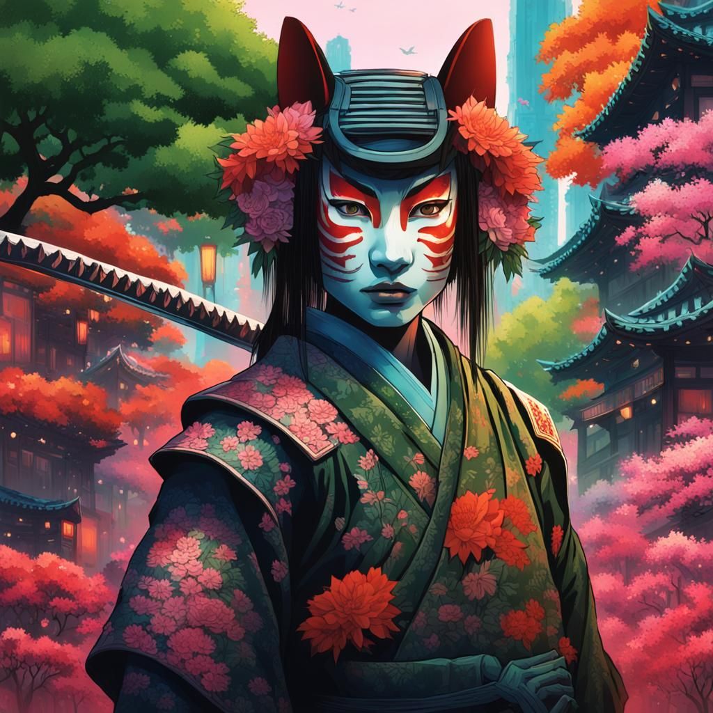 Samurai and Geisha in Neon City Concept Art
