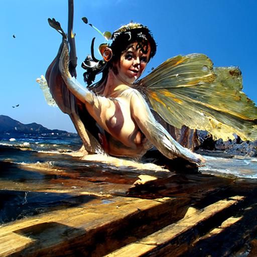 A fairy flies naked above a Grecian shore