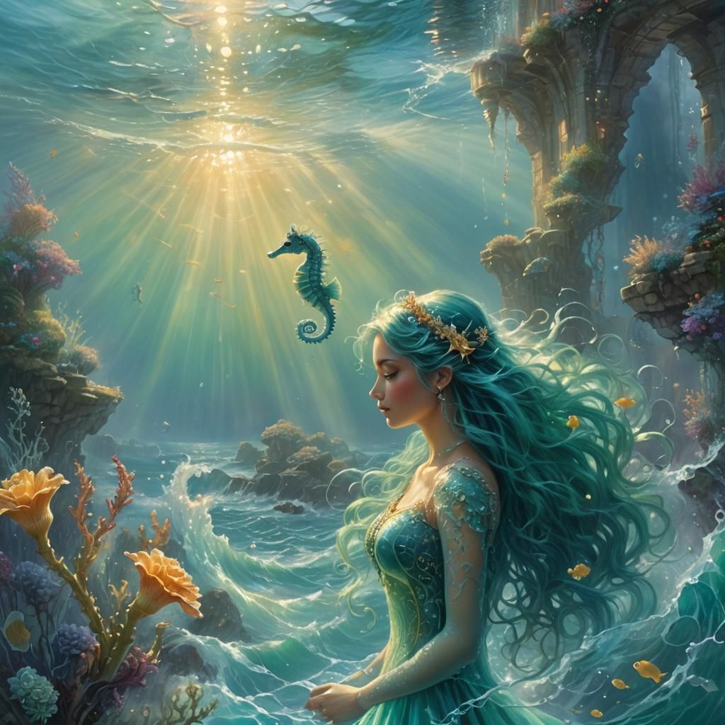 Ethereal Seahorse and Girl in Sunlit Sea