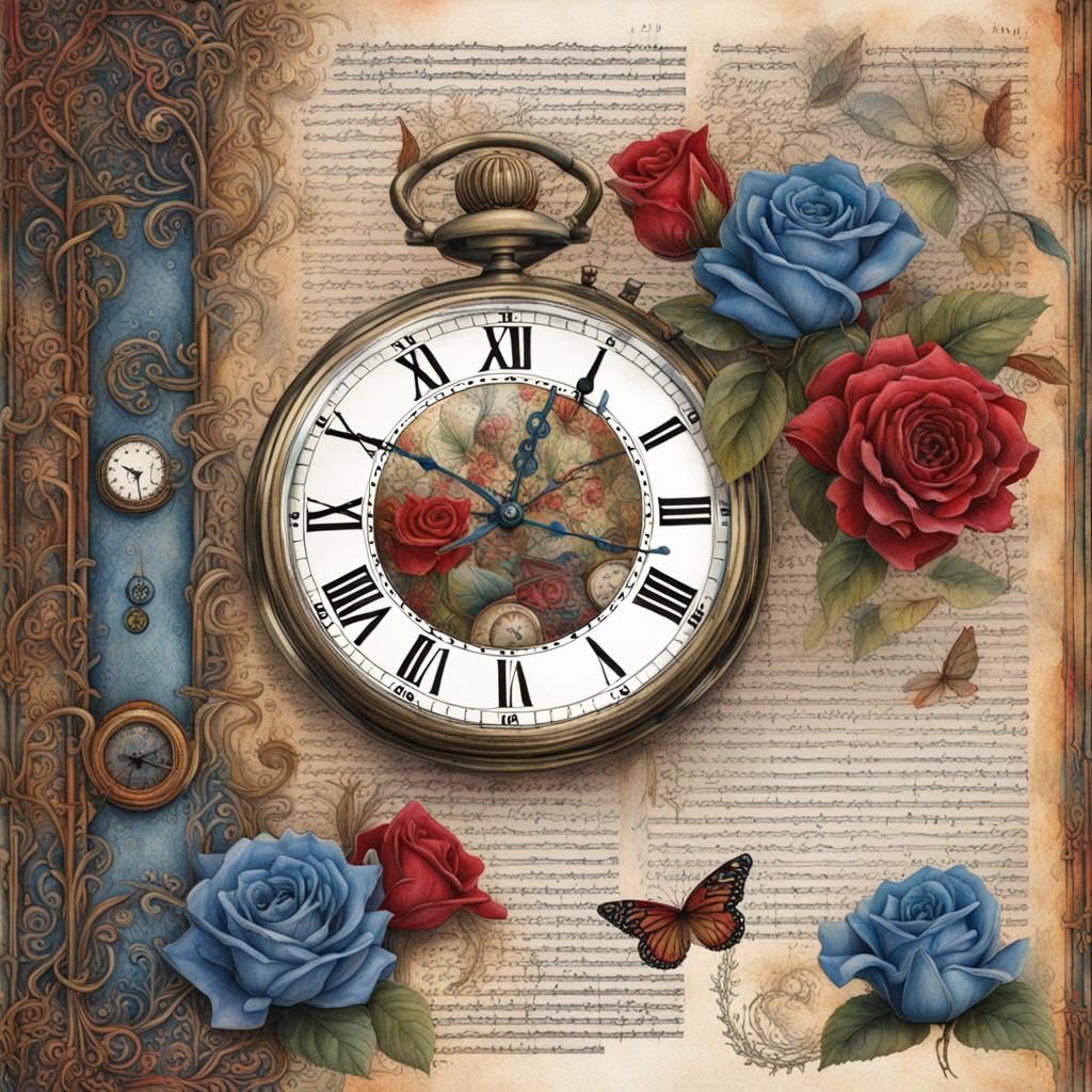 Red and Blue Roses on Musical Journal Page