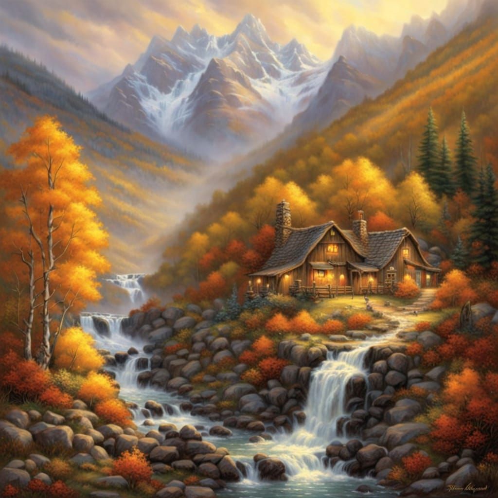 Ethereal Autumn Waterfall Scene with Golden Aspens