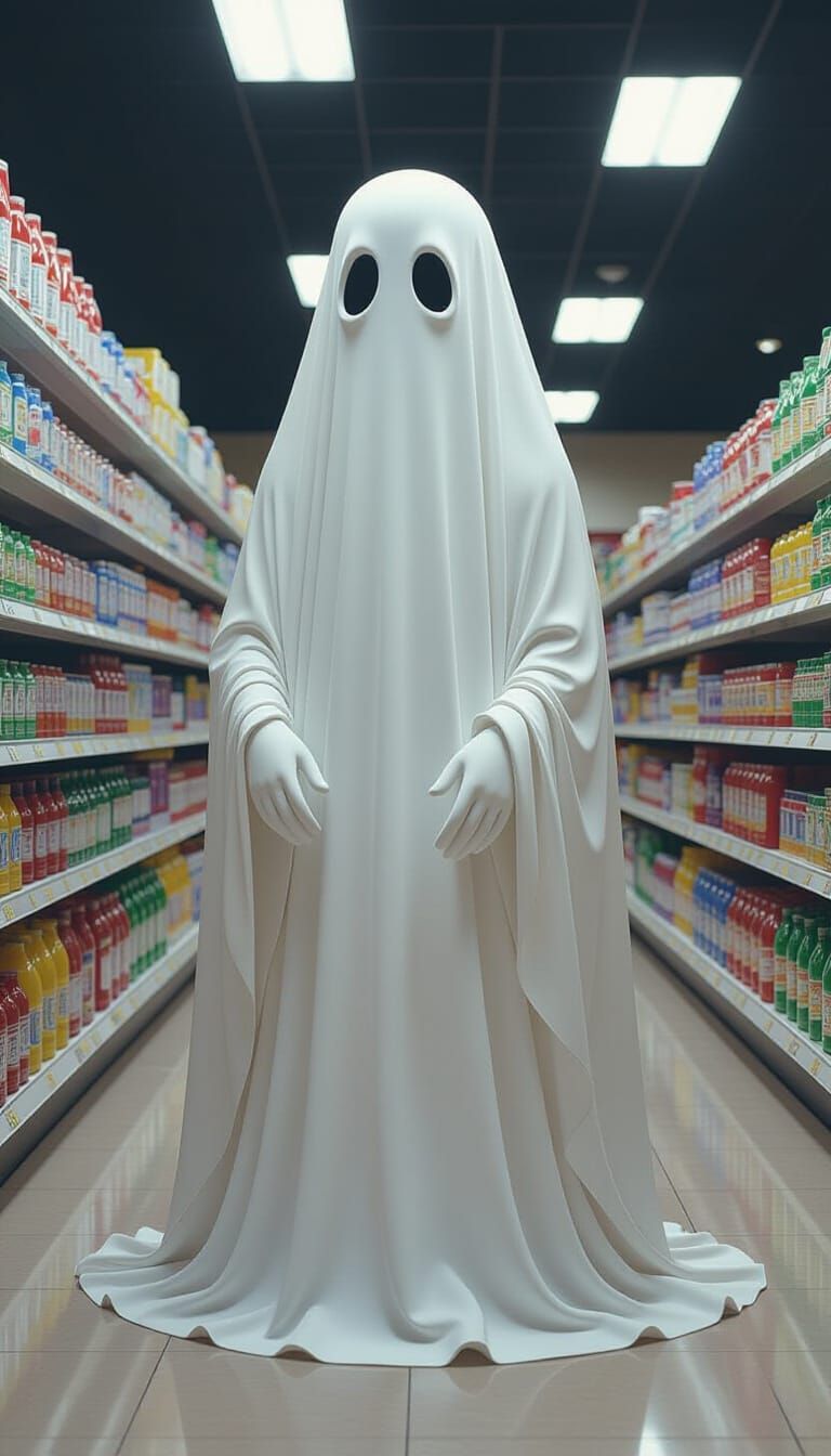 Ghostly Sheet Figure in Jewel-Toned Grocery Store
