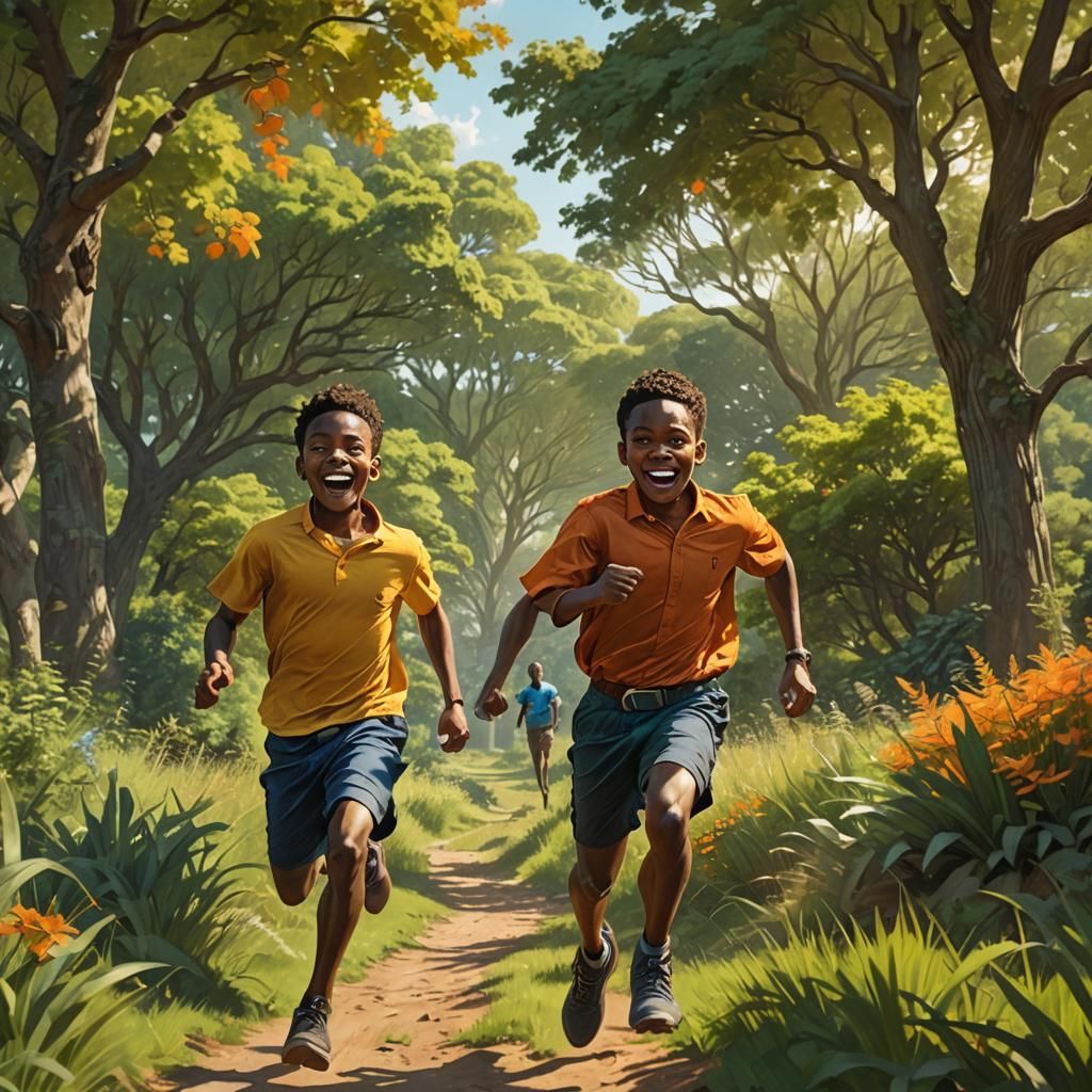 Energetic Boys Running in Lush Field: Digital Concept Art