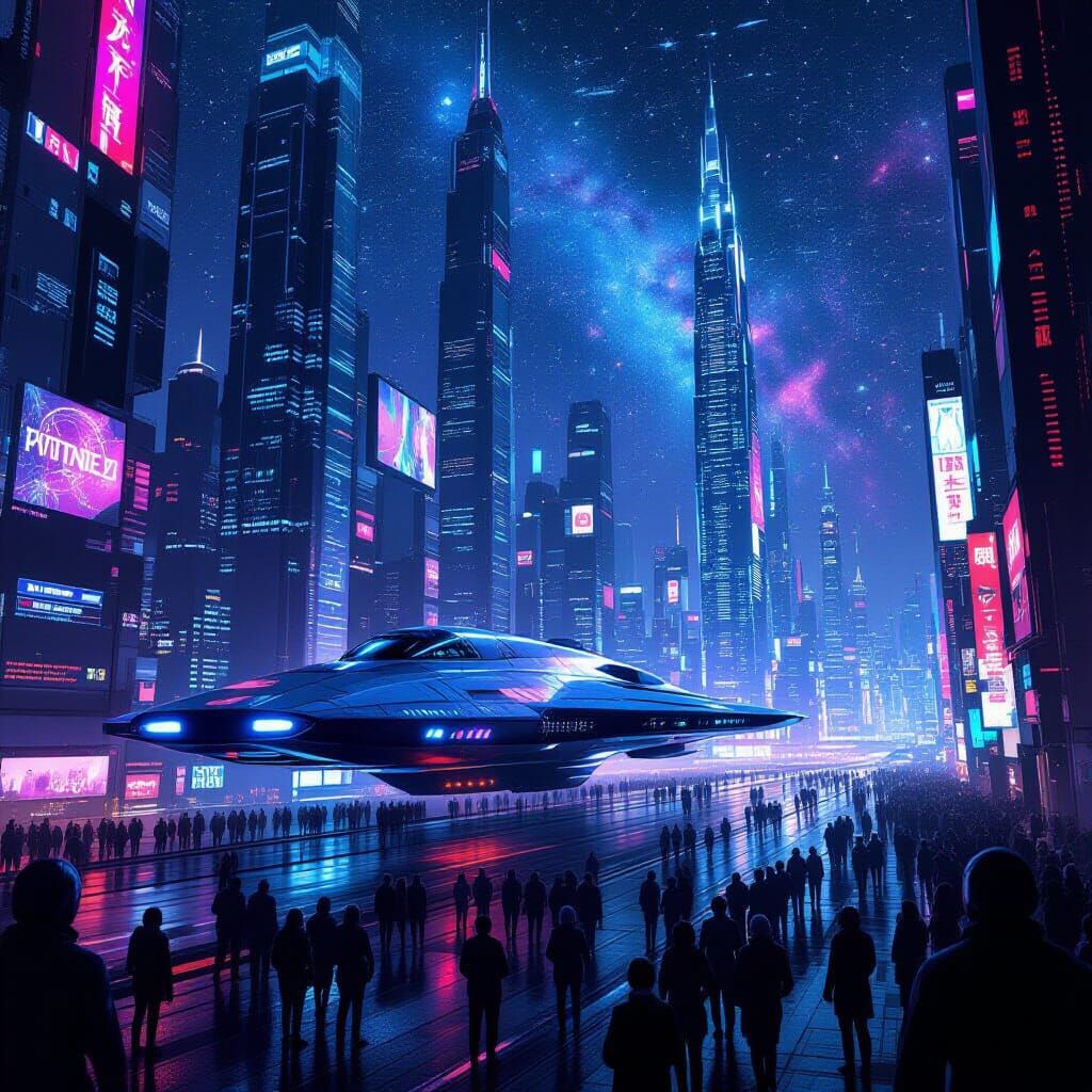 Futuristic Cityscape with Spaceship Launch at Night