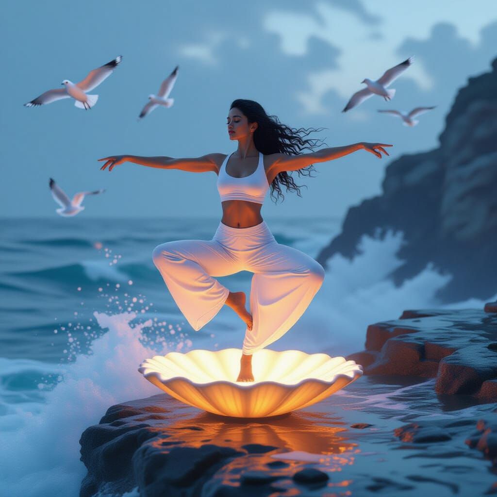 Yogi in Natarajasana Pose on Seashell at Ocean Cliff