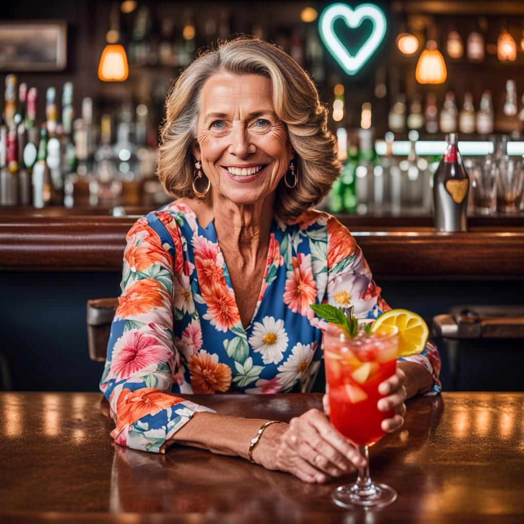 Mature Woman at Happy Hour, Realistic Portrait